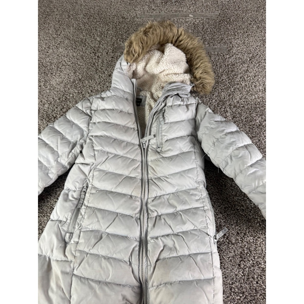Eddie Bauer Kids XXS 4 Grey Down Puffer Parka Sherpa Hood Faux Fur Trim Jacket